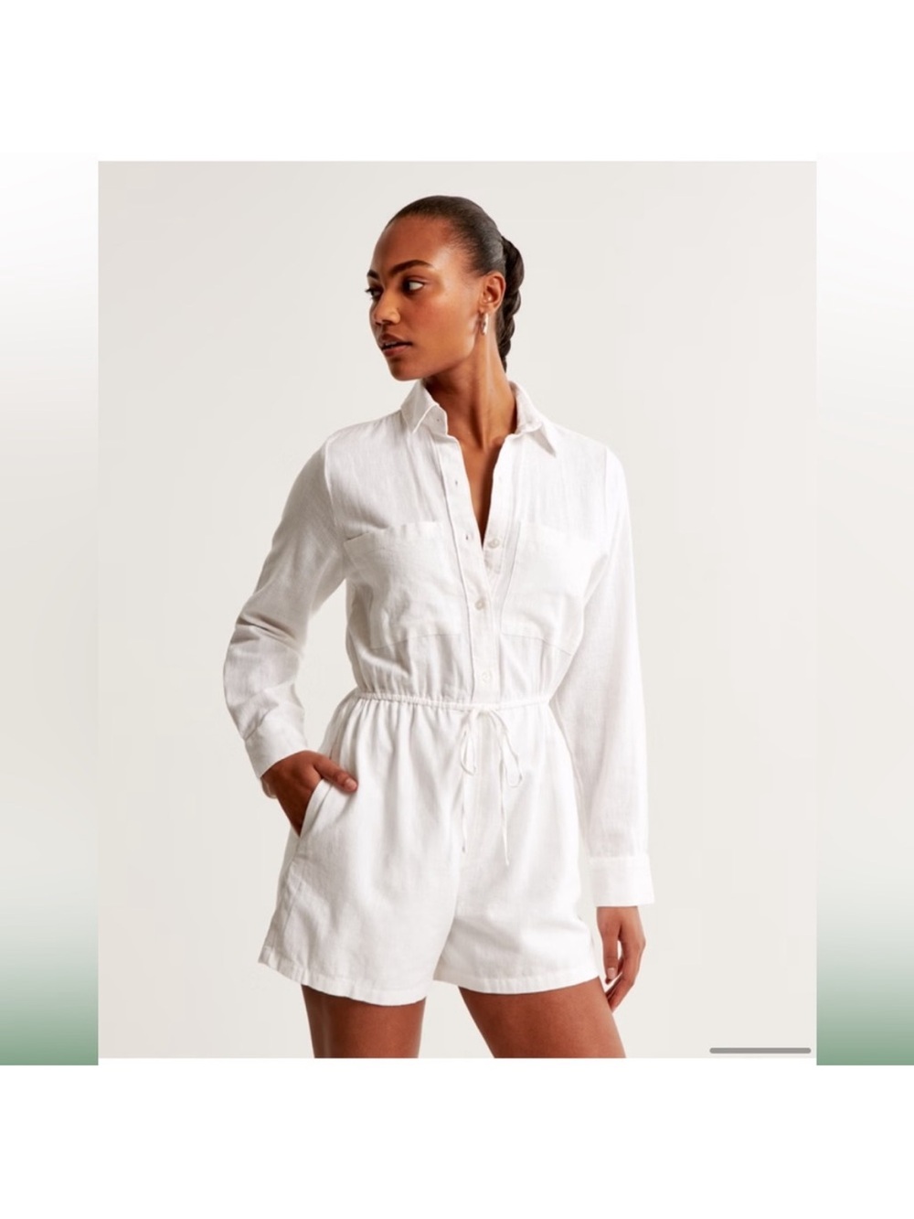 Abercrombie & Fitch White Long-Sleeve Linen Romper